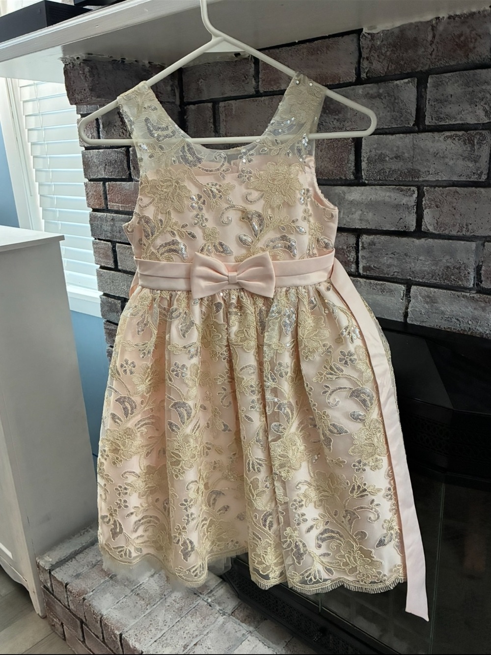 American Princess Pink and Gold Lace Appliqué Party Dress with Bow